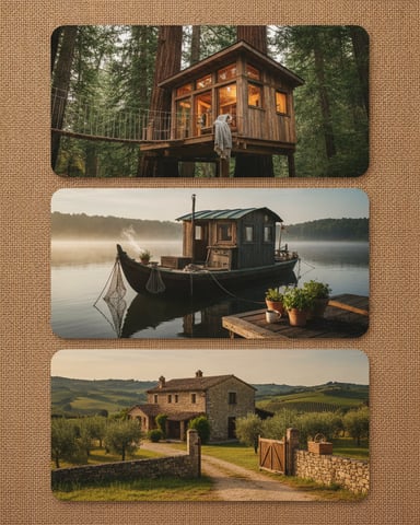 Treehouses, houseboats, farms